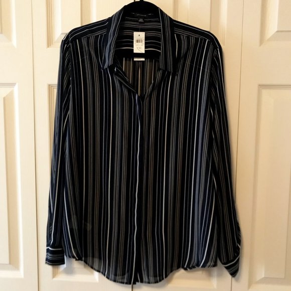 NEW Ann Taylor Sheer Striped XXL Navy/Multi Blouse - Picture 2 of 12